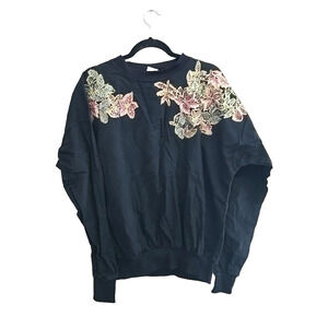 VTG Quitman USA Black Autumn Leaves Glitter Pullover Sweatshirt Womans Size XL